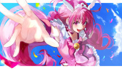 Rule 34 | 1girl, :d, blue background, blush, bow, bowtie, brooch, choker, cloud, confetti, cure happy, earrings, hoshizora miyuki, jewelry, long hair, looking at viewer, magical girl, nani (s2 nani), open mouth, outstretched hand, pink bow, pink choker, pink eyes, pink hair, pink skirt, pink theme, precure, skirt, sky, smile, smile precure!, solo, tiara, upper body, wing hair ornament, wrist cuffs