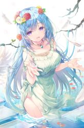 Rule 34 | 1girl, animal, arm ribbon, bare arms, bare shoulders, bird, blue hair, branch, breasts, collarbone, dress, emori miku, green dress, head wreath, highres, jewelry, large breasts, liver city, long hair, looking at viewer, miwabe sakura, necklace, open mouth, purple eyes, ribbon, side slit, sleeveless, sleeveless dress, smile, solo, very long hair, wading, water, wet