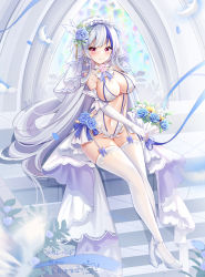 Rule 34 | 1girl, blue flower, blue hair, blue rose, bouquet, bow, breasts, bride, closed mouth, dated, elbow gloves, feathers, flower, full body, gloves, hair flower, hair ornament, hairband, high heels, highres, holding, holding bouquet, large breasts, leotard, lily (flower), long hair, looking at viewer, miaogujun, multicolored hair, navel, original, pink flower, pink rose, red eyes, revealing clothes, rose, signature, sitting, smile, solo, stairs, streaked hair, thighhighs, two-tone hair, white footwear, white gloves, white hair, white thighhighs