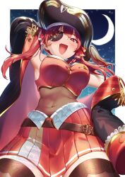 Rule 34 | 1girl, ascot, belt, bicorne, black coat, black hat, blush, border, breasts, brown belt, buttons, coat, crescent moon, cropped jacket, eyepatch, gold trim, hair ribbon, hat, highres, hololive, houshou marine, houshou marine (1st costume), jacket, kirisaki shuusei, large breasts, leather belt, leotard, leotard under clothes, long hair, looking at viewer, miniskirt, moon, night, night sky, off shoulder, open mouth, outside border, pirate hat, pleated skirt, red ascot, red eyes, red hair, red jacket, red ribbon, red skirt, ribbon, see-through, see-through leotard, skirt, sky, sleeveless, sleeveless jacket, solo, twintails, virtual youtuber, white border