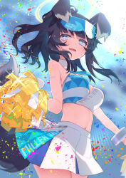 Rule 34 | 1girl, absurdres, amana (pocketkey), animal ears, black hair, blue archive, blue skirt, breasts, cheerleader, cleavage, dog ears, dog girl, dog tail, halo, hibiki (blue archive), hibiki (cheer squad) (blue archive), highres, looking at viewer, medium breasts, millennium cheerleader outfit (blue archive), navel, official alternate costume, pom pom (cheerleading), skirt, solo, stomach, tail, two-tone skirt, white skirt