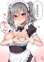 Rule 34 | 1girl, absurdres, blush, bow, bowtie, breasts, cleavage, drill hair, flying sweatdrops, grey hair, heart, heart-shaped boob challenge, highres, idolmaster, idolmaster cinderella girls, kanzaki ranko, large breasts, long hair, looking at viewer, mabanna, maid headdress, purple eyes, simple background, solo, translation request, twin drills, white background