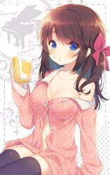 Rule 34 | 1girl, :o, bare shoulders, black thighhighs, blue eyes, blush, breasts, brown hair, character request, cleavage, collarbone, cup, hair ribbon, holding, long hair, looking at viewer, mug, navel, no bra, no pants, off shoulder, open clothes, original, pajamas, polka dot, ribbon, sitting, solo, thighhighs, unbuttoned, yamucha