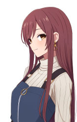 Rule 34 | 1girl, blue dress, blush, brown hair, closed mouth, dress, earrings, grey sweater, highres, idolmaster, idolmaster shiny colors, jewelry, long hair, looking at viewer, looking to the side, osaki amana, pinafore dress, sidelocks, sideways glance, simple background, sleeveless dress, smile, solo, straight hair, sweater, swept bangs, turtleneck, turtleneck sweater, upper body, very long hair, white background, yahiro (epicopeiidae), yellow eyes