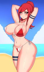 Rule 34 | 1girl, absurdres, armpits, arms behind head, beach, bikini, blush, breasts, cleavage, cleft of venus, curvy, drunkavocado, en&#039;en no shouboutai, highres, large breasts, lisa isaribi, long hair, looking at viewer, navel, ponytail, red eyes, sky, solo, stomach, sweat, swimsuit, tattoo, thick thighs, thighs, water, wide hips