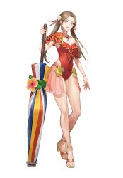 Rule 34 | 1girl, edelgard von hresvelg, fire emblem, fire emblem heroes, high heels, highres, looking at viewer, nintendo, one-piece swimsuit, purple eyes, sandals, smile, solo, swimsuit, third-party edit, twintails, umbrella
