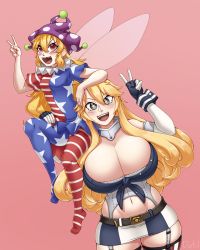 Rule 34 | 2girls, american flag, blonde hair, blue eyes, blush, breasts, clownpiece, crossover, curvy, dotil, dress, fairy, fairy wings, fingerless gloves, frilled shirt collar, frills, gloves, hat, highres, huge breasts, iowa (kancolle), jester cap, kantai collection, legacy of lunatic kingdom, leggings, long hair, looking at viewer, miniskirt, multiple girls, navel, neck ruff, open mouth, pantyhose, pink eyes, polka dot, skirt, small breasts, smile, star-shaped pupils, star (symbol), symbol-shaped pupils, thick thighs, thighhighs, thighs, touhou, v, very long hair, wide hips, wings