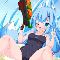 Rule 34 | 1girl, ;d, animal ears, bare arms, bare shoulders, black one-piece swimsuit, blue eyes, blue hair, blush, bow, breasts, cameltoe, collarbone, commentary request, fat mons, feet out of frame, fox ears, fox girl, fox tail, hair bow, hair ornament, hairclip, highres, holding, innertube, kanijiru, long hair, medium breasts, old school swimsuit, one-piece swimsuit, one eye closed, open mouth, original, purple bow, school swimsuit, smile, solo, spread legs, swim ring, swimsuit, tail, very long hair, water, water gun