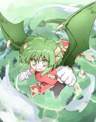 Rule 34 | 1girl, china dress, chinese clothes, clenched hands, cloud, draco centauros, dragon tail, dragon wings, dress, flying, geo-geo, gloves, green eyes, green hair, horns, madou monogatari, matching hair/eyes, pointy ears, puyopuyo, short hair, slit pupils, smile, solo, tail, wings