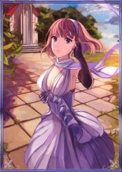 Rule 34 | 00s, 10s, 1girl, 72 (nananatsu), black gloves, blue dress, breasts, brown eyes, brown hair, clarissa callaghan, cleavage, dress, elbow gloves, gloves, hairband, hand in own hair, long hair, lowres, matching hair/eyes, medium breasts, outdoors, scarf, senjou no valkyria (series), senjou no valkyria 3, short hair, sideboob, solo, white scarf