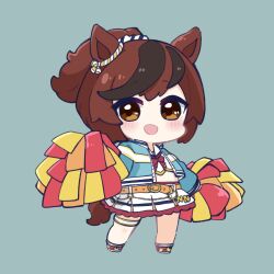 Rule 34 | 1girl, :d, animal ears, belt, belt buckle, black hair, blue background, blue jacket, blush, bow, brown belt, brown eyes, brown hair, buckle, cheerleader, chibi, commentary, crop top, full body, high ponytail, highres, horse ears, horse girl, horse tail, jacket, looking at viewer, midriff, multicolored hair, nice nature (run&amp;win) (umamusume), nozo (hitomiz), open clothes, open jacket, open mouth, pleated skirt, pom pom (cheerleading), ponytail, red bow, red footwear, shirt, shoes, simple background, single thighhigh, skirt, smile, solo, standing, streaked hair, tail, thighhighs, umamusume, white shirt, white skirt, white thighhighs