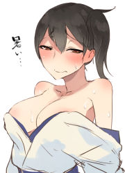 Rule 34 | 10s, 1girl, areola slip, bad id, bad pixiv id, bare shoulders, black hair, blush, breasts, brown eyes, cleavage, japanese clothes, kaga (kancolle), kantai collection, kimono, large breasts, open clothes, side ponytail, simple background, solo, solopipb, sweat, translated, white background
