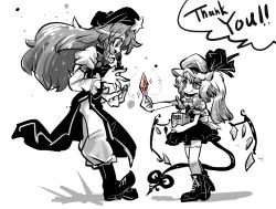 Rule 34 | 2girls, ascot, boots, bow, braid, chibi, coin, demon tail, english text, fang, flandre scarlet, greyscale, hair bow, hat, hong meiling, jewelry, laevatein, long hair, monochrome, multiple girls, pants, ribbon, short hair, side ponytail, smile, spot color, tail, touhou, twin braids, wings, yt (wai-tei)