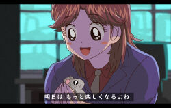 Rule 34 | 1boy, :d, animal, black eyes, blush, chair, collared shirt, commentary request, eyelashes, fingernails, grey necktie, hamster, hamtaro (series), highres, holding, holding animal, ichijou seiya, inudori, jacket, kaiji, letterboxed, long hair, long sleeves, male focus, medium bangs, necktie, open mouth, parody, parted bangs, purple jacket, red shirt, screen, seed, shirt, smile, style parody, sunflower seed, translation request, upper body