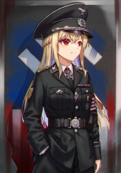 Rule 34 | 1girl, armband, belt, black hat, blonde hair, cosplay, cross, half updo, hand in pocket, hat, highres, huihuang rongyao, iron cross, john smith (the man in the high castle), john smith (the man in the high castle) (cosplay), long hair, medal, meme, military hat, nazi, patch, red eyes, shoulder patch, solo, swastika, the man in the high castle, waffen-ss