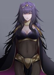 Rule 34 | 1girl, 6tea, absurdres, arms behind back, black hair, bodystocking, breasts, cape, cleavage, covered navel, cowboy shot, fire emblem, fire emblem awakening, grey background, highres, jewelry, large breasts, lips, long hair, looking at viewer, narrowed eyes, nintendo, parted lips, pelvic curtain, purple eyes, signature, simple background, skin tight, smile, solo, tharja (fire emblem), tiara