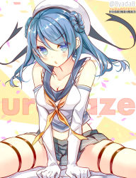 Rule 34 | 10s, 1girl, bare shoulders, blue eyes, blue hair, breasts, character name, cleavage, collarbone, dated, double bun, elbow gloves, gloves, hair bun, hat, kantai collection, large breasts, long hair, looking at viewer, matching hair/eyes, midriff, neckerchief, open mouth, pleated skirt, school uniform, serafuku, skirt, sleeves rolled up, solo, thigh strap, twitter username, urakaze (kancolle), white gloves, white hat, yadapot, yellow neckerchief