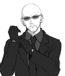 Rule 34 | 1boy, adjusting clothes, adjusting gloves, bad id, bad pixiv id, bald, closed mouth, commentary request, earrings, final fantasy, final fantasy vii, final fantasy vii remake, formal, gloves, greyscale, highres, jacket, jewelry, long sleeves, looking at viewer, male focus, mondi hl, monochrome, necktie, rude (ff7), shirt, solo, suit, sunglasses, upper body, wing collar