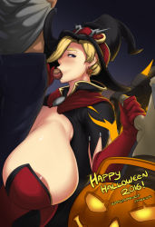 Rule 34 | 1girl, 2boys, alternate costume, breasts, erection, fellatio, gigantic breasts, group sex, halloween, handjob, hat, head out of frame, hetero, highres, mercy (overwatch), mmf threesome, multiple boys, oral, overwatch, overwatch 1, penis, text focus, threesome, uncensored, waterproof-pigeon, witch, witch hat