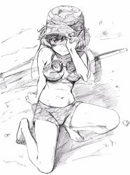 Rule 34 | 10s, 1girl, adjusting clothes, adjusting headwear, akiyama yukari, arm support, bikini, bikini shorts, breasts, camouflage, camouflage bikini, camouflage headwear, closed mouth, commentary, full body, girls und panzer, goggles, goggles around neck, graphite (medium), greyscale, hat, highres, leaning back, looking at viewer, makicha (sasurainopink), medium breasts, messy hair, military hat, monochrome, navel, on one knee, shaded face, short hair, shorts, sketch, smile, solo, swimsuit, traditional media