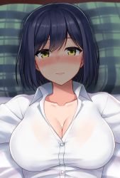 Rule 34 | 1girl, bed sheet, black hair, blurry, blurry background, blush, bra, bra visible through clothes, breasts, cleavage, closed mouth, collarbone, collared shirt, commentary, dress shirt, from above, hair between eyes, highres, hormone koijirou, large breasts, lips, looking at viewer, lying, nijisanji, on back, on bed, pillow, plaid pillow, see-through, shade, shirt, shizuka rin, short hair, smile, solo, underwear, upper body, virtual youtuber, white bra, white shirt, wing collar, yellow eyes