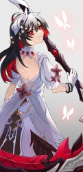 Rule 34 | 1girl, back cutout, backless dress, backless outfit, bare back, black hair, clothing cutout, colored inner hair, commentary request, cowboy shot, dress, gloves, grey background, hair ornament, highres, holding, holding scythe, holding weapon, honkai (series), honkai impact 3rd, long hair, looking at viewer, multicolored hair, puffy short sleeves, puffy sleeves, red eyes, red hair, rin (rin nemui rin), scythe, seele (alter ego), seele vollerei, short sleeves, smile, solo, weapon, white dress, white gloves