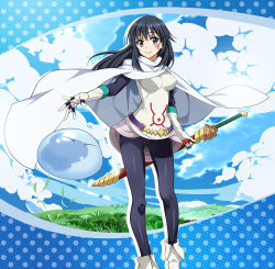 Rule 34 | 1girl, 1other, belt, black eyes, black hair, black legwear, black sleeves, blue border, border, breasts, cape, cloud, cloudy sky, commentary, gloves, grass, hand on sheath, highres, izawa shizue, large breasts, long hair, looking at viewer, nyoro (nyoronyoro000), official style, outside border, overskirt, polka dot border, purple belt, sheath, sheathed, shirt, sky, slime (creature), smile, standing, sword, tensei shitara slime datta ken, weapon, white cape, white footwear, white gloves, white shirt