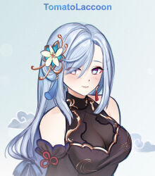 Rule 34 | 1girl, bare shoulders, black dress, blue eyes, breasts, commentary, detached sleeves, dress, genshin impact, grey hair, hair ornament, large breasts, long hair, looking at viewer, official alternate costume, shenhe (frostflower dew) (genshin impact), shenhe (genshin impact), sleeveless, sleeveless dress, smile, solo, tomatolacoon, upper body, very long hair