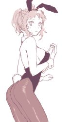 Rule 34 | 1girl, amido (compassion273), animal ears, ass, bare shoulders, breasts, brown eyes, brown pantyhose, commentary request, cowboy shot, danganronpa (series), danganronpa 2: goodbye despair, fake animal ears, from side, genderswap, genderswap (mtf), highres, hinata hajime, holding, holding tray, leotard, looking at viewer, monochrome, pantyhose, playboy bunny, ponytail, rabbit ears, rabbit tail, short hair, sideboob, solo, tail, tray, wrist cuffs