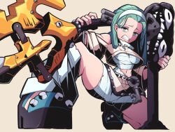 Rule 34 | 1girl, a.b.a, bandaged chest, bandages, chain, fingerless gloves, gloves, green eyes, green hair, guilty gear, headband, highres, key in head, long hair, looking at viewer, object through head, pale skin, paracelsus (guilty gear), pechamaju, solo, white headband