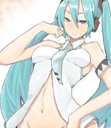Rule 34 | 1girl, :&lt;, armband, bad id, bad pixiv id, blue eyes, blue hair, blush, bottomless, drawr, frown, groin, hair flip, hair ornament, hatsune miku, inayama, long hair, looking at viewer, matching hair/eyes, navel, necktie, oekaki, out-of-frame censoring, shirt, sleeveless, sleeveless shirt, solo, twintails, unbuttoned, very long hair, vocaloid
