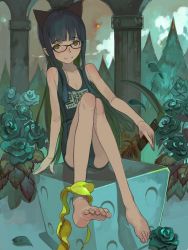 Rule 34 | 1girl, animal ears, black one-piece swimsuit, cat ears, dice, fake animal ears, fakepucco, glasses, kama (weapon), long legs, name tag, one-piece swimsuit, school swimsuit, sickle, skinny, solo, swimsuit, weapon