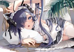 Rule 34 | 1girl, apron, august von parseval (azur lane), august von parseval (the conquered unhulde) (azur lane), azur lane, black dress, breasts, cleavage, curled horns, dress, hair over one eye, hairband, highres, horns, indoors, large breasts, long hair, looking at viewer, lying, mechanical horns, official alternate costume, on side, one eye covered, open mouth, purple eyes, purple hair, sleeveless, sleeveless dress, solo, thighhighs, two-tone dress, very long hair, white apron, white dress, white hairband, white thighhighs, yamaha tsui