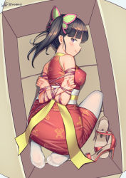 Rule 34 | 1girl, absurdres, arms behind back, bdsm, black hair, bondage, bound, bound arms, box, butterfly hair ornament, cardboard box, china dress, chinese clothes, dress, hair ornament, high heels, highres, in box, in container, kimetsu no yaiba, looking at viewer, purple eyes, red dress, red footwear, ribbon, shoes, side ponytail, thighhighs, tsuyuri kanao, white thighhighs, xiaoxi0619, yellow ribbon