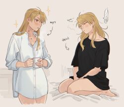 Rule 34 | 1girl, bed sheet, black shirt, blonde hair, blush, brown eyes, closed eyes, collared shirt, cowboy shot, cup, earrings, full body, fullmetal alchemist, grey background, hair between eyes, hickey, highres, holding, holding cup, jewelry, kneeling, long hair, long sleeves, messy hair, multiple views, no pants, raicchi (raicchi96), riza hawkeye, shirt, short sleeves, sleeves rolled up, sparkle, spoken squiggle, squiggle, standing, t-shirt, white shirt
