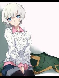 Rule 34 | 1girl, aran sweater, black pantyhose, blouse, blue eyes, blue shorts, cable knit, collared shirt, commentary, cowboy shot, letterboxed, looking at viewer, meteora osterreich, pantyhose, pink shirt, re:creators, shirt, short hair, shorts, sitting, solo, spoilers, sweater, tsuezu, white hair, white sweater