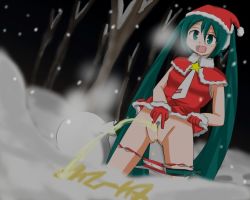 Rule 34 | 1girl, bag, blue eyes, blue hair, blush, breath, christmas, clothes lift, dress, dress lift, forest, fur-trimmed dress, fur-trimmed gloves, fur trim, gift bag, gloves, hat, hatsune miku, long hair, nature, necktie, night, open mouth, outdoors, panties, panty pull, peeing, pubic hair, pussy, red dress, red gloves, red headwear, red panties, santa costume, santa hat, sleeveless, sleeveless dress, smile, snow, sparkle, standing, star (symbol), steam, striped clothes, striped panties, thigh strap, toro (pixiv), tree, twintails, uncensored, underwear, vocaloid, wet, wet clothes, wet panties, white neckwear, white panties