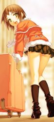 Rule 34 | 1girl, ass, boots, briefcase, gloves, kneepits, legs, long sleeves, looking back, miniskirt, nishii (damnedrive), open mouth, original, pleated skirt, short hair, skirt, solo, suitcase