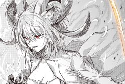 Rule 34 | 1girl, an fyhx, animal ears, arknights, cleavage cutout, clothing cutout, goat girl, goat horns, greyscale, grin, highres, horns, jacket, monochrome, red eyes, smile, solo