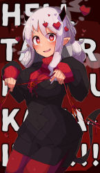 1girl, black horns, black jacket, black miniskirt, black skirt, black suit, black tail, blush, breasts, business suit, curly hair, demon girl, demon horns, demon tail, formal, heart, heart-shaped pupils, helltaker, highres, holding, horns, jacket, kujira hebi, large breasts, long sleeves, looking at viewer, medium hair, miniskirt, modeus (helltaker), monster girl, pantyhose, red background, red eyes, red legwear, red sweater, ribbed shirt, shirt, short hair, skirt, sleeves past wrists, solo, standing, suit, sweat, sweatdrop, sweater, symbol-shaped pupils, tail, thighhighs, turtleneck, white hair