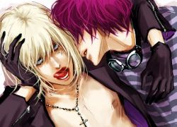 Rule 34 | 00s, 2boys, blonde hair, blue eyes, cross, death note, gloves, goggles, lily (artist), lowres, male focus, matt (death note), mello (death note), multiple boys, open clothes, open shirt, red hair, scar, shirt, shueisha, striped clothes, striped shirt, tongue, yaoi