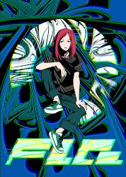 Rule 34 | 1girl, 2000s (style), absurdres, denim, fashion, flcl, green eyes, green footwear, highres, invisible chair, jeans, lips, omh204, pants, red hair, samejima mamimi, sitting, solo