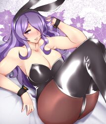 Rule 34 | 1340smile, 1girl, absurdres, alternate costume, animal ears, blush, breasts, camilla (fire emblem), cleavage, fake animal ears, fire emblem, fire emblem fates, hair over one eye, hand in own hair, highres, knees up, large breasts, leotard, lips, long hair, looking away, lying, nintendo, on back, pantyhose, parted lips, playboy bunny, purple eyes, purple hair, rabbit tail, solo, tail, teeth, thighhighs, thighs, wavy hair, wrist cuffs