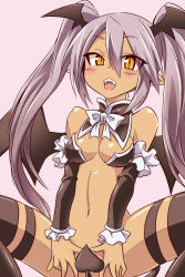 Rule 34 | 1girl, :d, arm warmers, bar censor, blush, bow, bowtie, censored, cleavage cutout, clothing cutout, convenient censoring, dark-skinned female, dark skin, demon girl, demon tail, demon wings, detached collar, fangs, frills, head wing, head wings, highres, kobayashi tetsuya, long hair, open m/, open mouth, pink background, pointy ears, presenting, purple hair, pussy, revealing clothes, simple background, slit pupils, smile, solo, spread legs, spread pussy, squatting, tail, tail censor, thigh strap, thighhighs, twintails, white bow, white bowtie, wings, yellow eyes