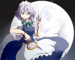 Rule 34 | 1girl, apron, between fingers, bow, braid, breasts, bwell, chain, expressionless, full moon, glint, grey eyes, hair bow, holding, izayoi sakuya, knife, looking at viewer, maid headdress, moon, pocket watch, puffy short sleeves, puffy sleeves, roman numeral, short sleeves, silver hair, skirt, skirt set, solo, touhou, twin braids, waist apron, watch, wind