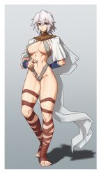 Rule 34 | 1girl, abs, absurdres, bandaged foot, bandages, bare legs, barefoot, border, breasts, cape, cleavage, covered erect nipples, elden ring, feet, feet out of frame, gradient background, grey background, highres, large breasts, long bangs, looking at viewer, medium hair, navel, no pants, original, pale skin, red eyes, revealing clothes, shadow, solo, tarnished (elden ring), thick thighs, thighs, tiptoes, toes, white border, white hair, zealadair