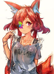 Rule 34 | 1girl, animal ears, arms behind back, bag, blush, closed mouth, clothes writing, english text, eyepatch, fox ears, fox tail, grey shirt, handbag, jewelry, looking at viewer, maido mido, necklace, original, pink eyes, red hair, ring, ring necklace, shiratan, shirt, short hair with long locks, simple background, sketch, solo, tail, white background