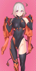 Rule 34 | 1girl, ahoge, asymmetrical clothes, bodysuit, collarbone, covered erect nipples, covered navel, dotted background, elbow gloves, gloves, henken, highres, holding, holding clothes, holding jacket, jacket, unworn jacket, looking at viewer, mechanical tail, medium hair, original, pink background, pink eyes, pink hair, simple background, single elbow glove, single pantsleg, single sleeve, single thighhigh, skin tight, skindentation, smile, solo, tail, thighhighs