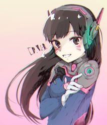 Rule 34 | 1girl, :d, animal print, armor, bad id, bad pixiv id, bodysuit, breasts, brown eyes, brown hair, character name, chromatic aberration, d.va (overwatch), eyebrows, facepaint, facial mark, gloves, gradient background, hand on own arm, headphones, high collar, highres, long hair, looking at viewer, open mouth, overwatch, overwatch 1, pilot suit, rabbit, rabbit print, shoulder pads, smile, sofra, solo, turtleneck, upper body, whisker markings, white gloves