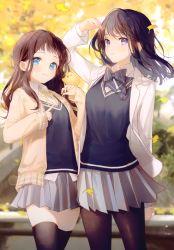 Rule 34 | 2girls, absurdres, animal, autumn leaves, black hair, black legwear, blue eyes, blurry, blurry background, bow, bowtie, brown hair, cardigan, closed mouth, day, gomzi, hand up, highres, lips, long hair, long sleeves, looking at viewer, multiple girls, open clothes, original, outdoors, pantyhose, purple eyes, rin (gomzi), scan, school uniform, simple background, skirt, smile, sweater vest, thighhighs, yuuna (gomzi), zettai ryouiki
